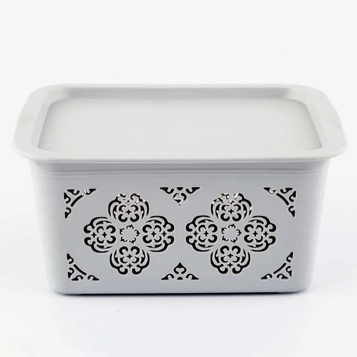 Rectangular Plastic Storage Basket with Lid and Decorative Cutouts