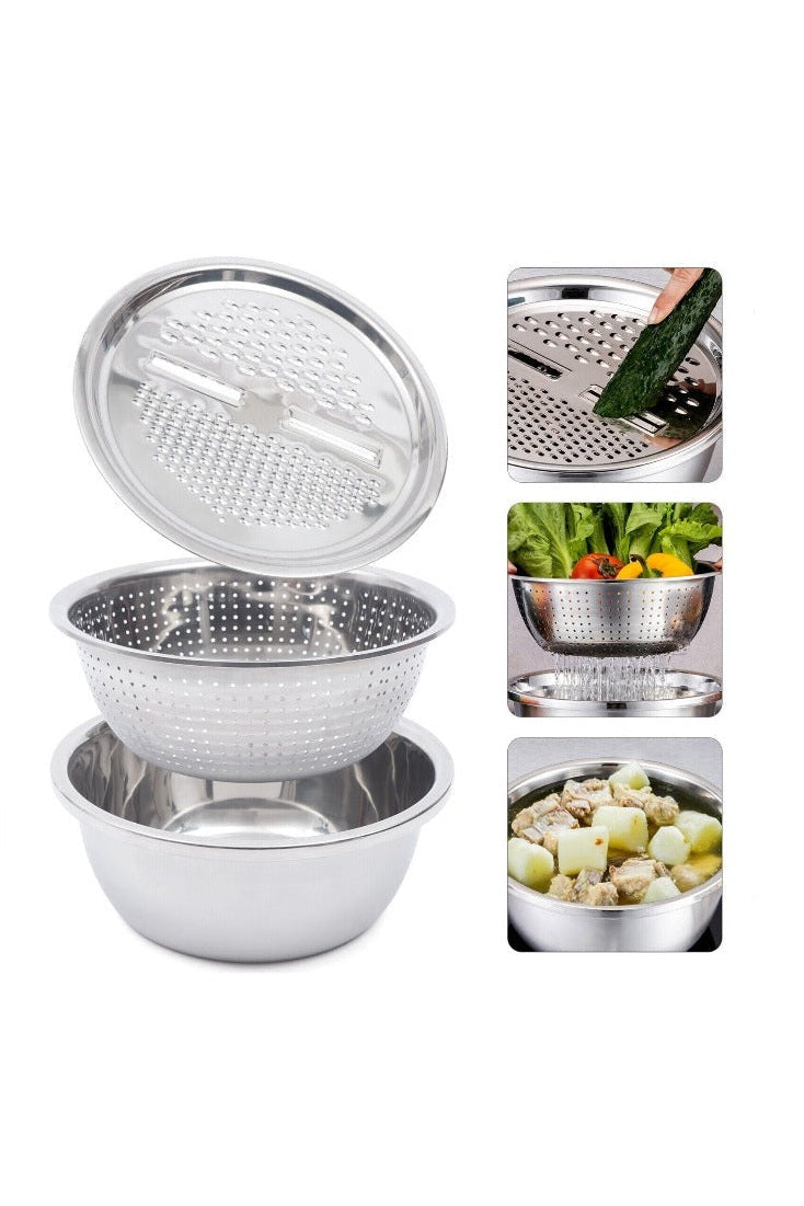3-in-1 Multifunctional Stainless Steel Kitchen Basin Set with Grater Strainer & Drain Basket 3pcs