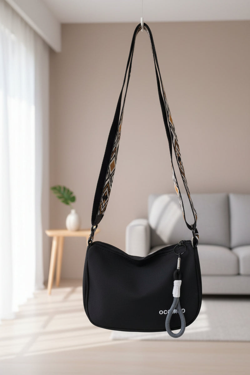 OOTMAO Black Nylon Messenger Bag with Patterned Strap