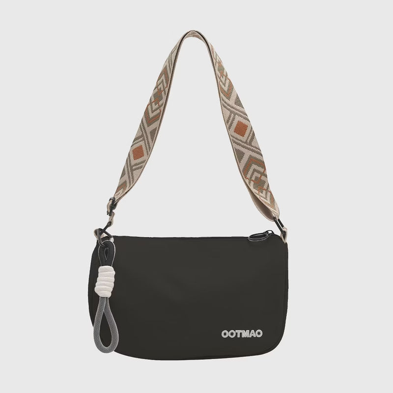 OOTMAO Black Nylon Messenger Bag with Patterned Strap