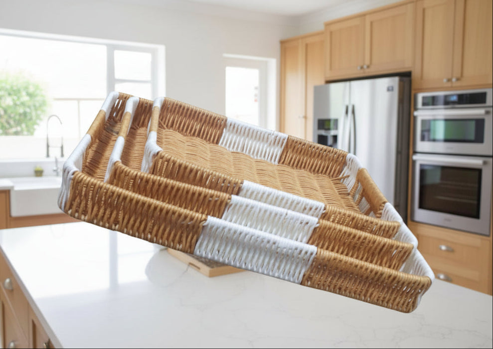 Set of 3 Rectangular Nesting Woven Serving Baskets with Handles – Natural & White Rattan-Style