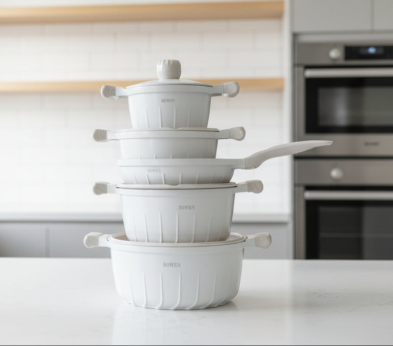 Bowen White Nonstick Cookware Set – Casseroles & Fry Pan with Lids
