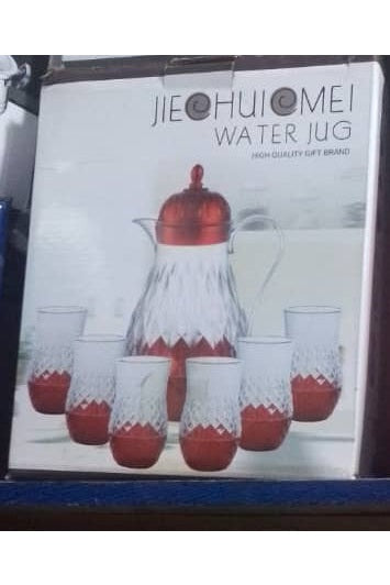 JIE HUIOMEI Glass Water Jug and Glass Set – 7-Piece Red Base Design