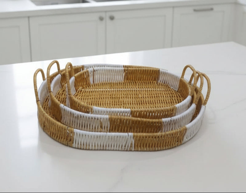 Set of 3 Handwoven Oval Serving Trays with Handles – Durable Rattan-Style Polypropylene