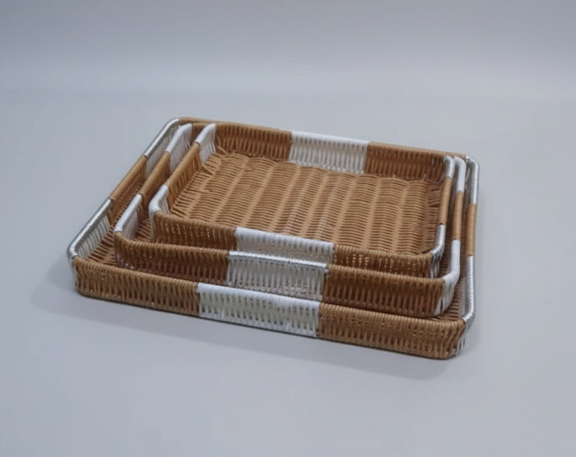 Set of 3 Rectangular Nesting Woven Serving Baskets with Handles – Natural & White Rattan-Style