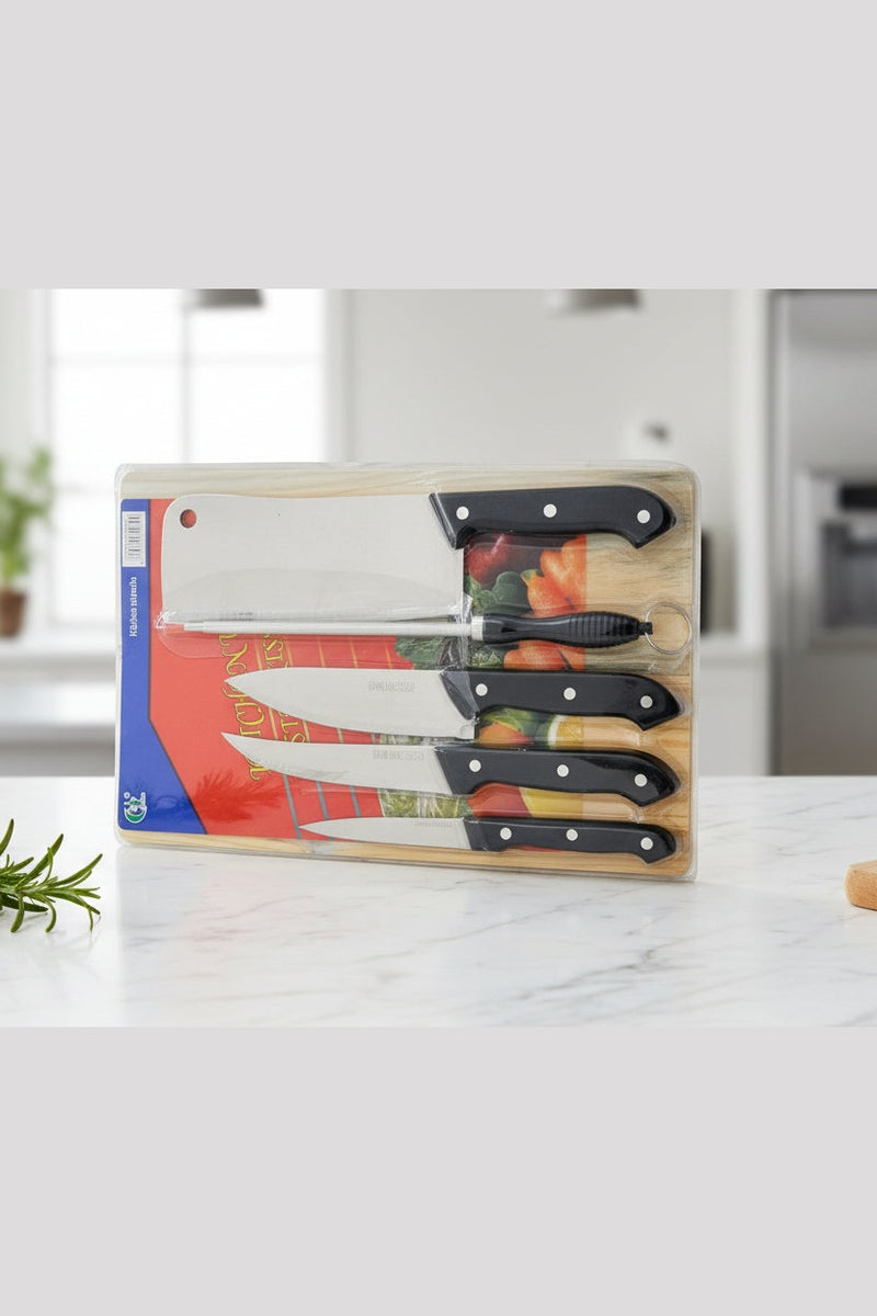6-in-1 Kitchen Knife Set with Wooden Cutting Board – Stainless Steel Blades