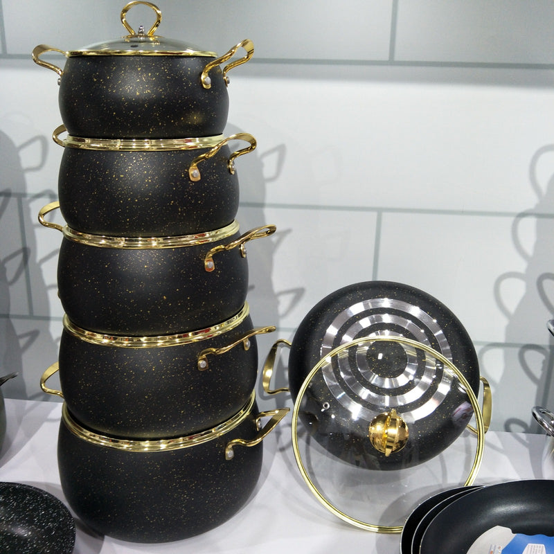 Granite Non-Stick Cookware Set with Glass Lids – Black & Gold Finish 5pcs