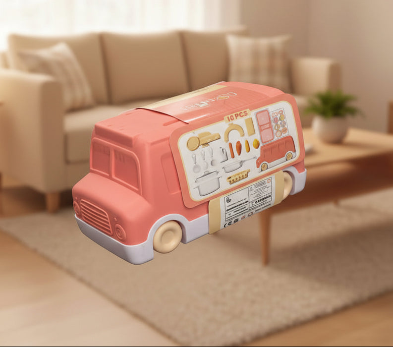 Joy Stories 2-in-1 Pink Bus Toy Kitchen Set – 18-Piece Pretend Play Adventure