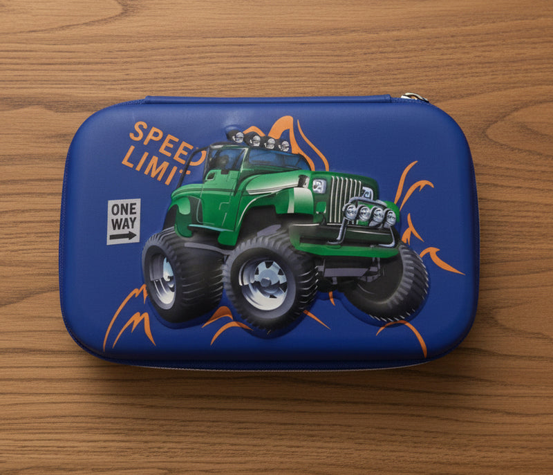 Hardtop EVA Pencil Case – Green Monster Truck Design Zippered & Shockproof