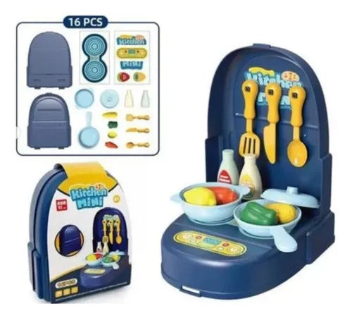 HUA YI Portable Mini Kitchen Toy Set – 16-Piece Foldable Backpack Playset( small)