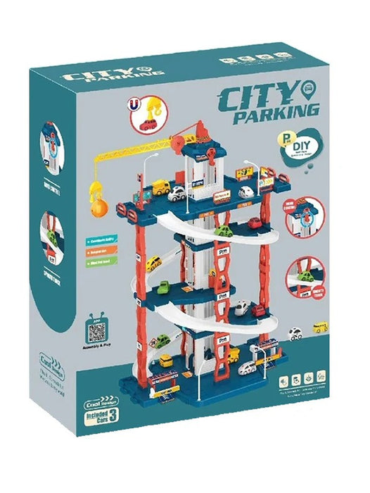 City Parking Toy Garage Playset – 5-Level Car Track with Crane Lift & Mini Cars