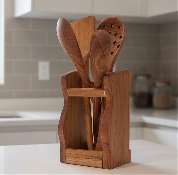 Wooden Kitchen Utensil Set with Holder – Cooking and Serving Spoons & Spatulas