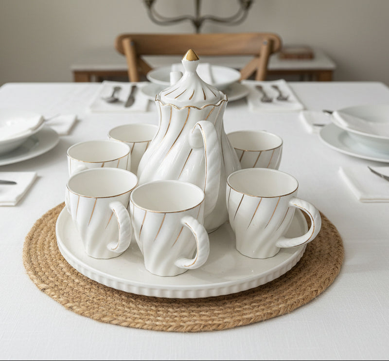White & Gold Ceramic Teapot and Cup Set with Serving Tray 7pcs