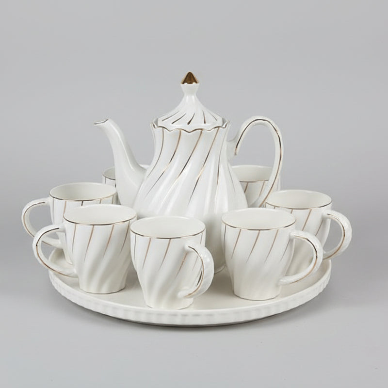 White & Gold Ceramic Teapot and Cup Set with Serving Tray 7pcs