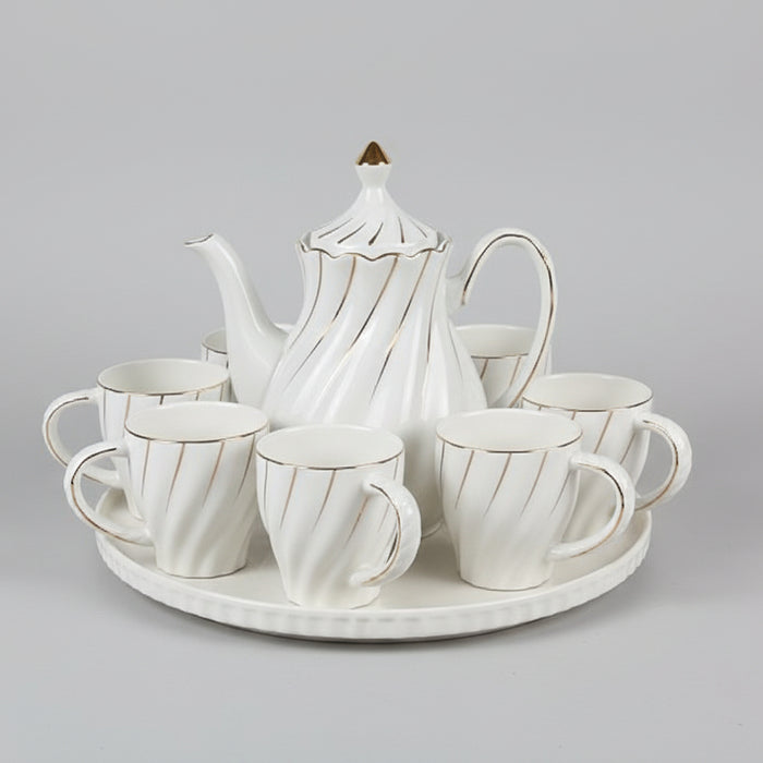 White & Gold Ceramic Teapot and Cup Set with Serving Tray 7pcs