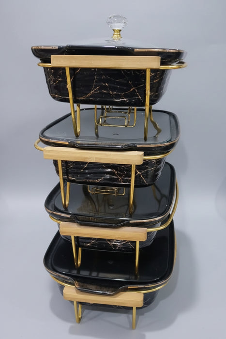Black Marble Ceramic Chafing Dish Set with Gold Accents 5/Pieces