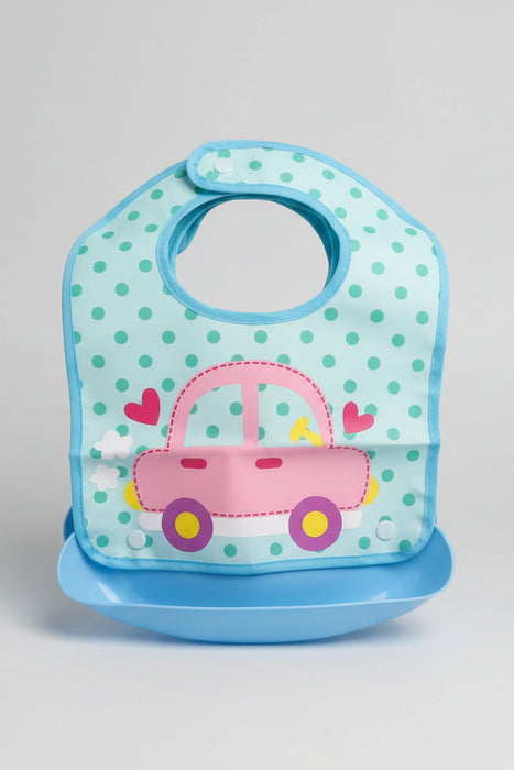 Pink Waterproof Baby Bib with Cartoon Pig Design & Detachable Food Catcher