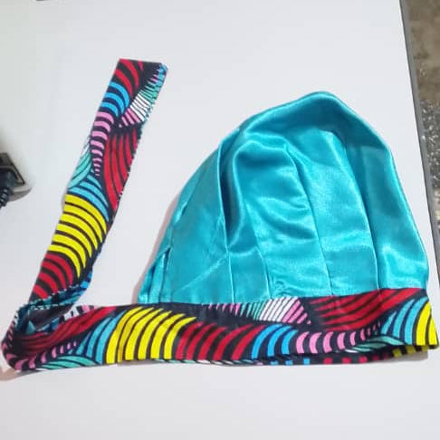 Turquoise Satin-Lined Ankara Bonnet with Tie