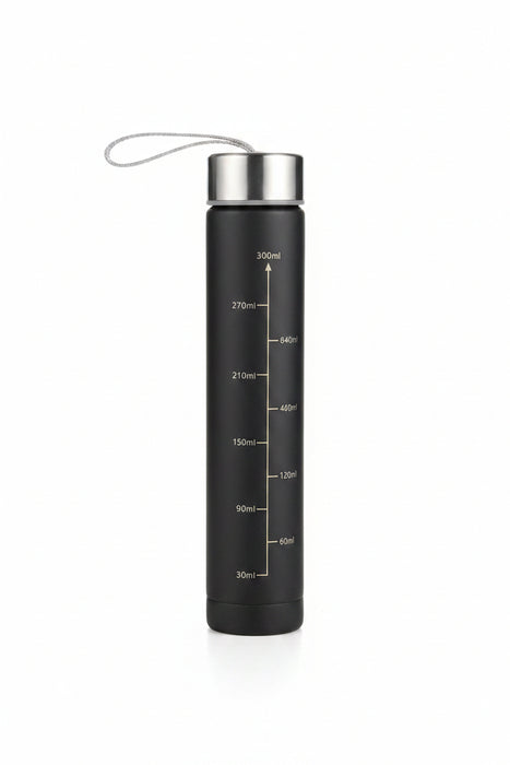 Matte Black Glass Water Bottle with Measurement Markings (300ml)