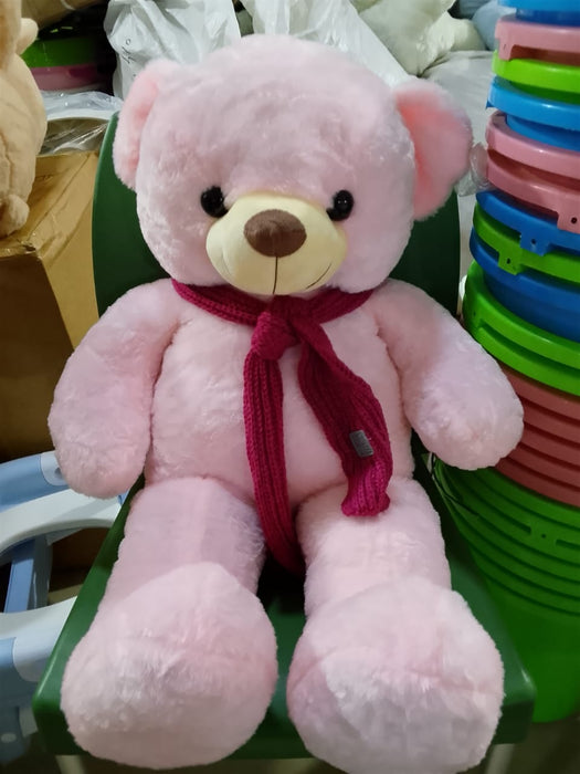 Plush Pink Teddy Bear with Knitted Magenta Scarf