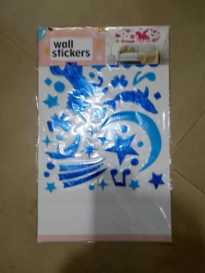 Blue Metallic Moon, Stars & Dolphins Wall Sticker Sheet A2