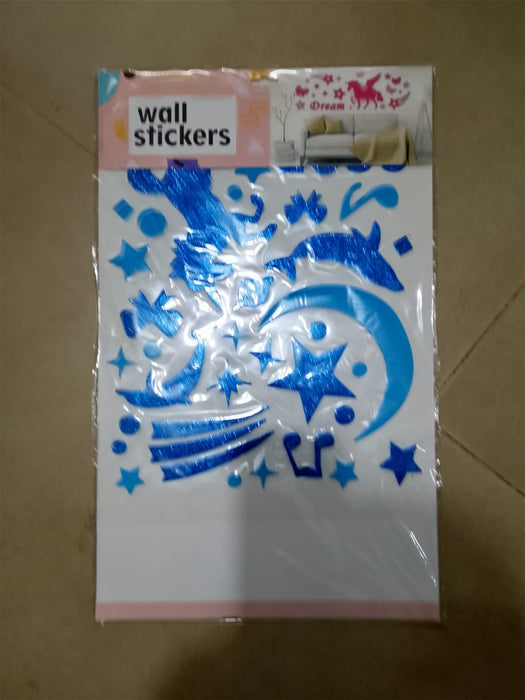 Blue Metallic Moon, Stars & Dolphins Wall Sticker Sheet A2