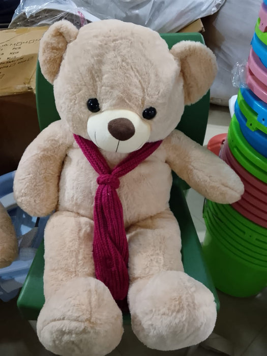 Plush Beige Teddy Bear with Knitted Magenta Scarf