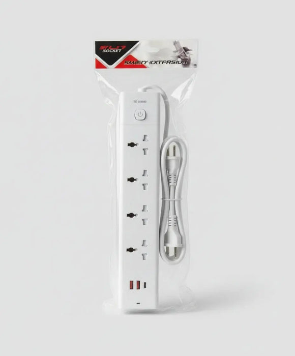 White 4-Outlet Power Strip with 3 USB Ports & Surge Protection