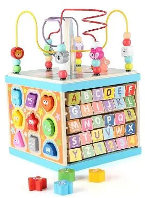 Wondertoys 5-in-1 Multi-Purpose Toy ABC-123 Abacus Pearl Labyrinth Shape Sorter Baby Activity Cube Toy murukali.com