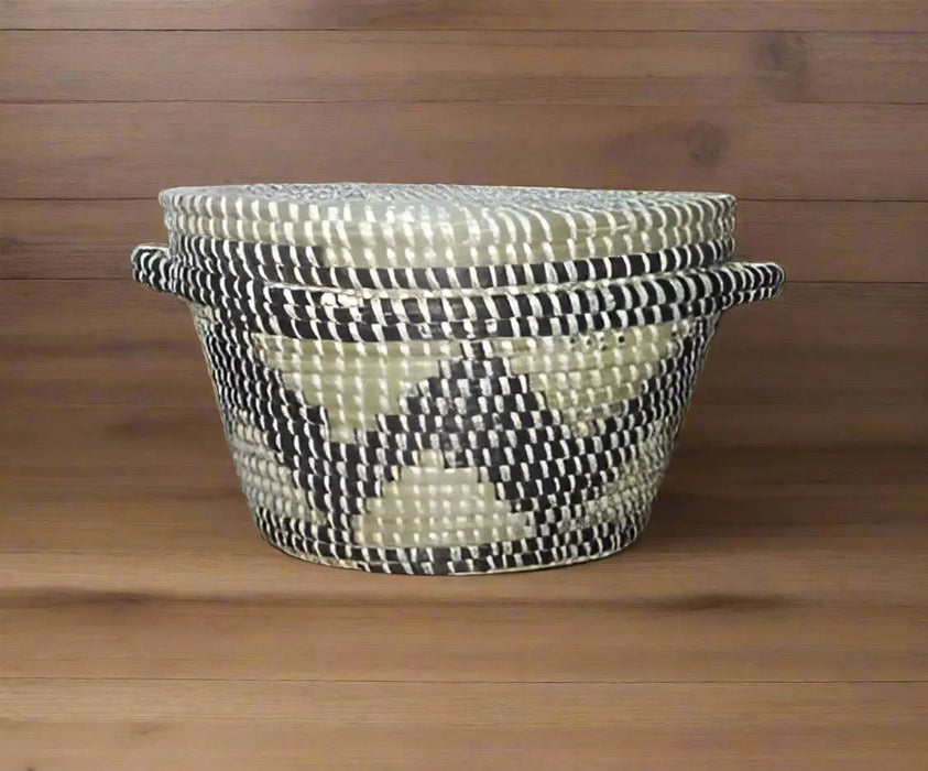 Handheld woven basket with a checkered pattern in a casual setting