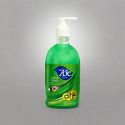 Green bottle of Zoe hand wash with a pump on a white background