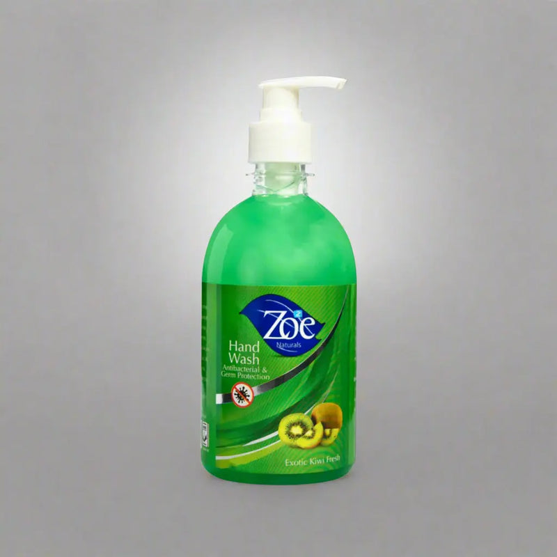Green bottle of Zoe hand wash with a pump on a white background