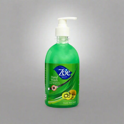 Green bottle of Zoe hand wash with a pump on a white background