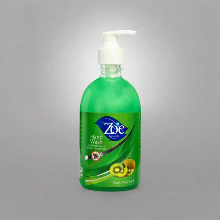 Green bottle of Zoe hand wash with a pump on a white background