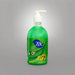 Green bottle of Zoe hand wash with a pump on a white background