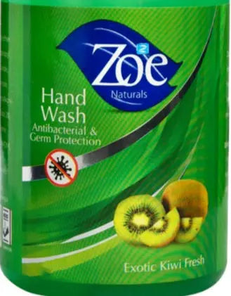 Green bottle of Zoe hand wash with a pump on a white background