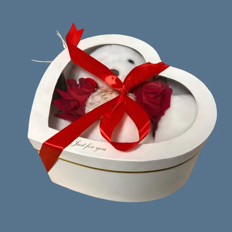 Heart Shaped Box Inside Teddy &Rose Artificial Flower