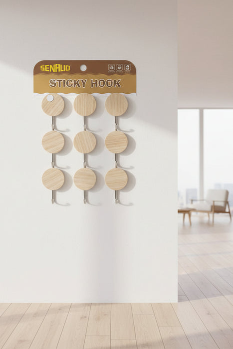 SENHUO Wood Grain Adhesive Sticky Hooks (9-Piece Set)