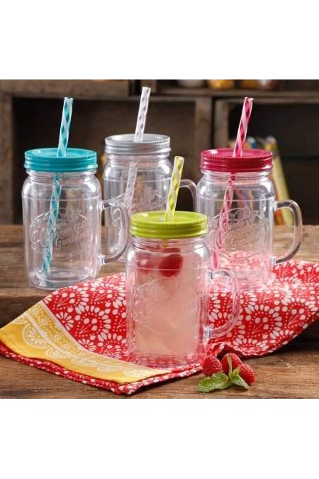 Glass Jars With Straw And Soft Metal Colored Lid