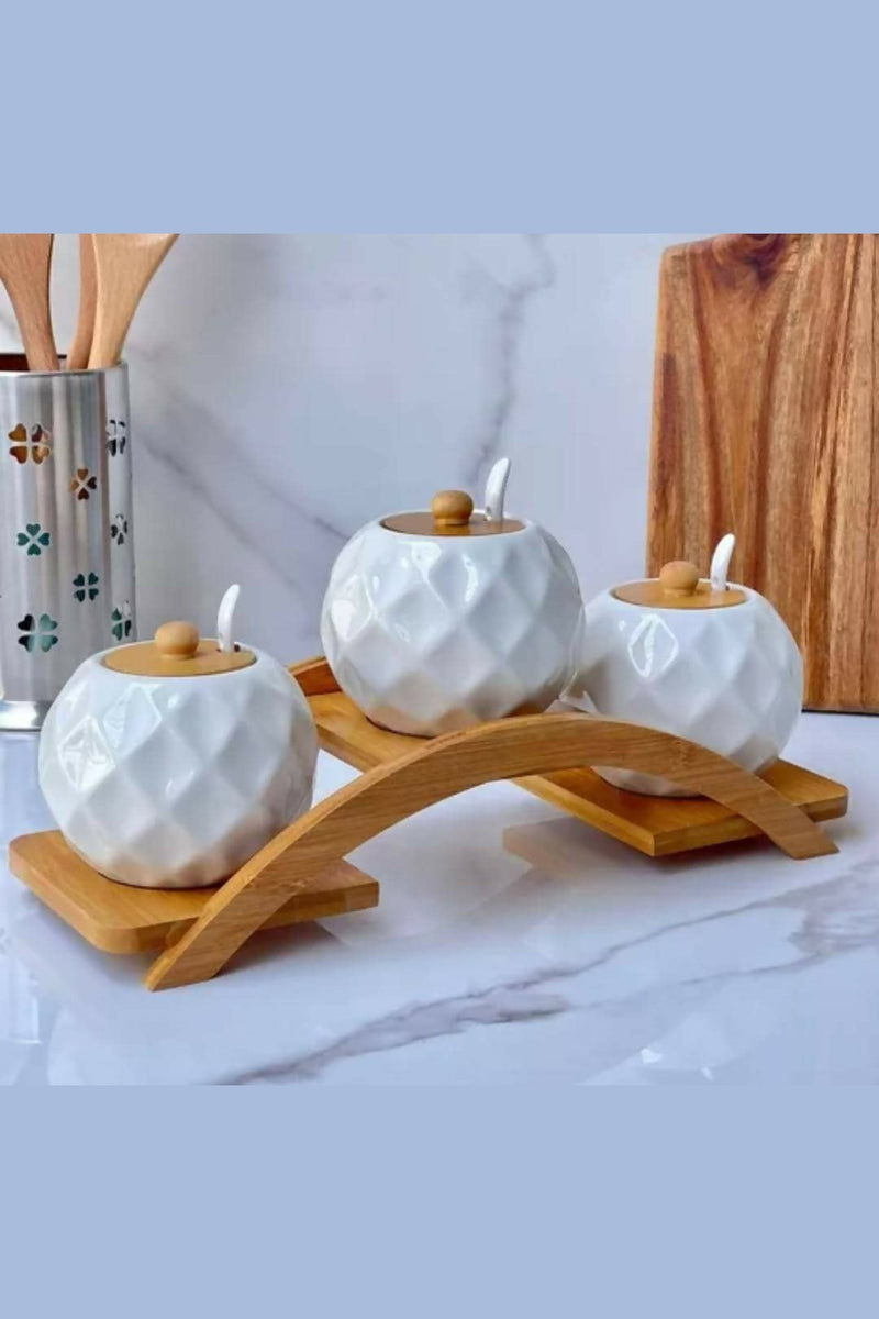 Elegant 3-Piece Ceramic Condiment Jar Set with Bamboo Lids, Spoons, and Arch Wooden Stand
