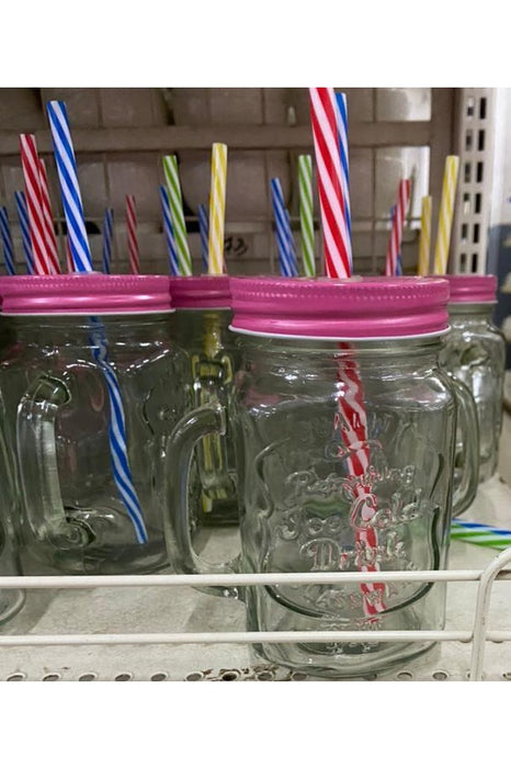 Glass Jars With Straw And Soft Metal Colored Lid