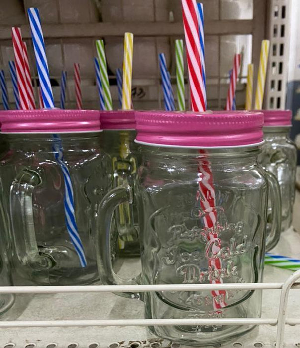 Glass Jars With Straw And Soft Metal Colored Lid