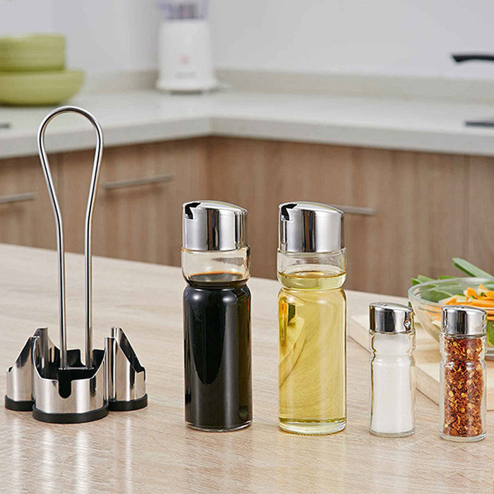 Set of 4 Kitchen Glass Oil Vinegar Bottle Spice Shaker with Stainless Steel Holder