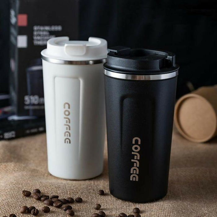 Premium Stainless Steel Coffee Travel Mug (Leak-Proof Lid) – Black & White