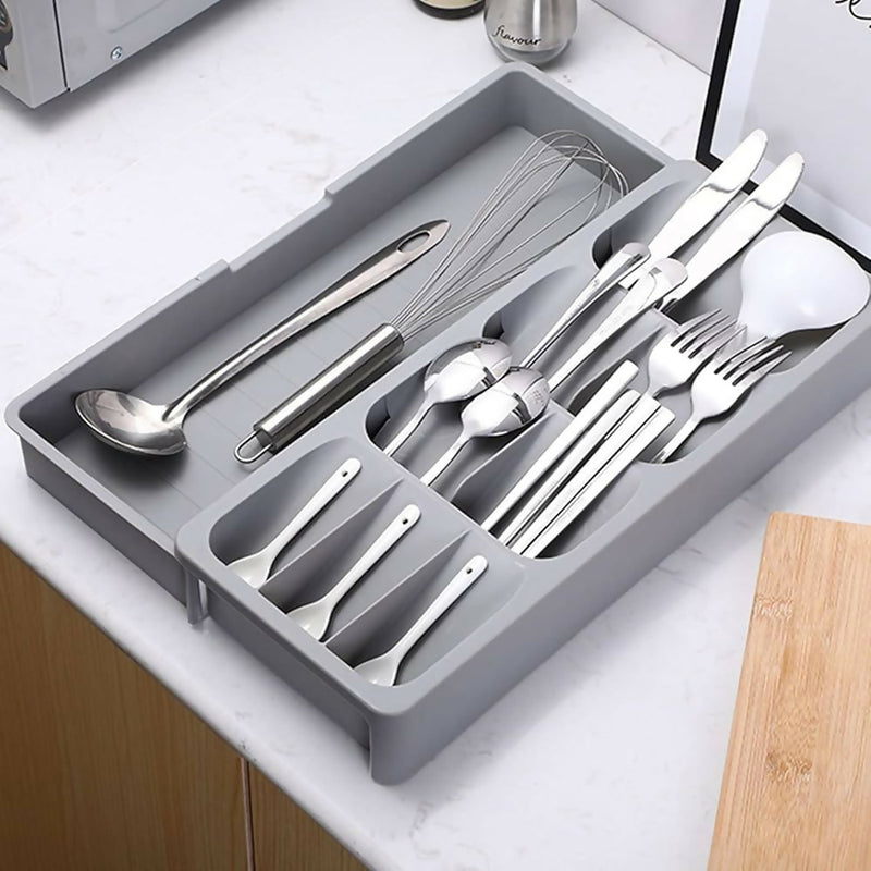 Expandable Kitchen Cutlery Drawer Organizer Tray (Multi-Compartment, Grey