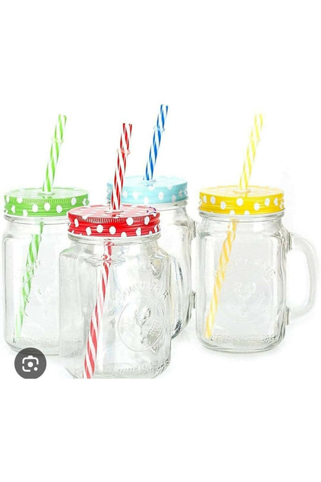 Colorful Mason Jar Mugs with Handle, Polka-Dot Lids, and Striped Straws