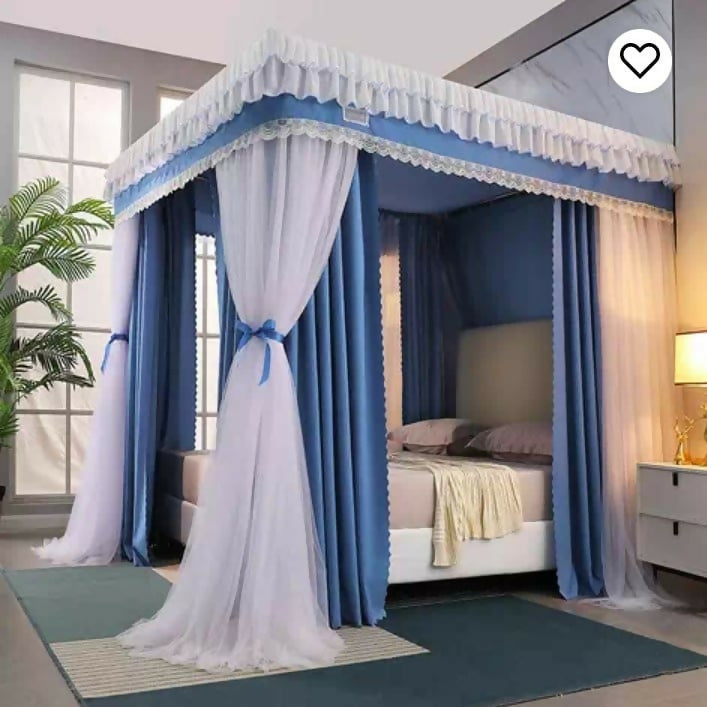 Luxury Four-Poster Bed Canopy with Curtains (Blue & White)